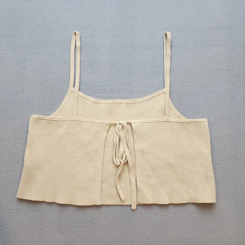 Kendall & Kylie Women's Ribbed Knit Tie Back Crop Cami Tank Top Cream Size Small